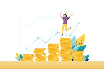 Stock market profit, income flat vector illustration. Happy broker, trader, banker, financier cartoon character. Successful woman standing on coins stack. Business analytics, statistics. Graph growth