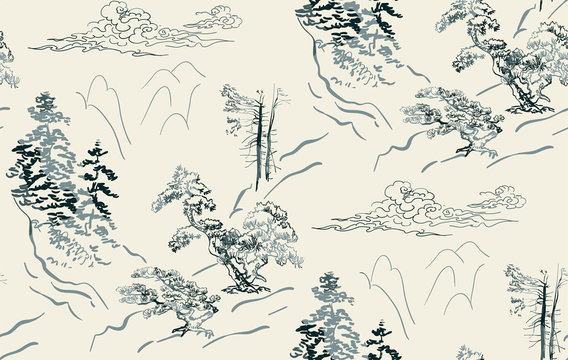 mountains nature landscape view vector sketch illustration japanese chinese oriental line art
