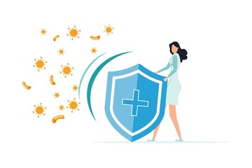 Immune system vector icon logo. Health bacteria virus protection. Medical prevention human germ. Healthy man reflect bacteria attack with shield. Boost Immunity with medicine concept illustration