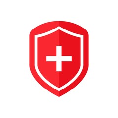 Immune system vector icon logo. Red shield with a white cross on a white background. Vector illustration.
