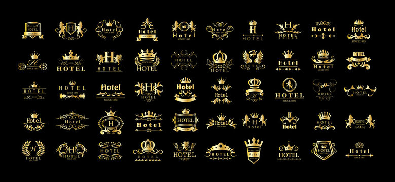 Golden Hotel Luxury Logo Set - Isolated On Black Background, Vector.Icons Collection Of Golden Hotel Logo, Emblem And Label.Useful For Badge,Seal And Design Template.Vector Illustration Of Luxury Logo