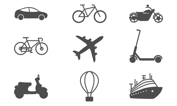 Different types of transport - car, motorcycle, scooter, bicycle, electric scooter, plane, ship, balloon. Set of travel icons. Vector illustration.