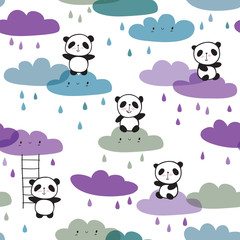 Cool seamless pattern with hand drawn cute pandas and funny clouds. Baby design for kids apparel, nursery wall art, kids textile, wallpapers, gift wrap and scrapbook. Vector.