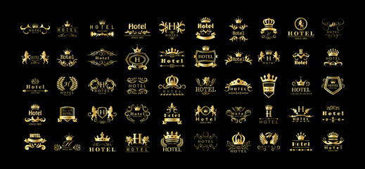 Golden Hotel Luxury Logo Set - Isolated On Black Background, Vector.Icons Collection Of Golden Hotel Logo, Emblem And Label.Useful For Badge,Seal And Design Template.Vector Illustration Of Luxury Logo