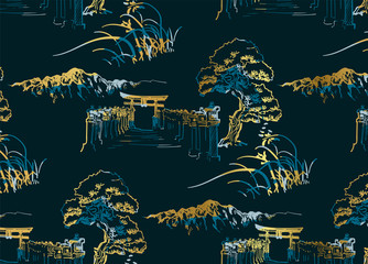 thorium temple nature landscape view vector sketch illustration japanese chinese oriental line art seamless pattern © CharlieNati