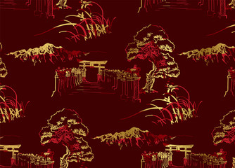 thorium temple nature landscape view vector sketch illustration japanese chinese oriental line art seamless pattern © CharlieNati