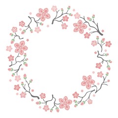 Obraz na płótnie Canvas Vector sakura wreath. Natural round frame with blossom cherry tree branches. Hand drawn japanese flowers illustration on white background.