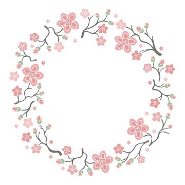 Vector sakura wreath. Natural round frame with blossom cherry tree branches. Hand drawn japanese flowers illustration on white background.