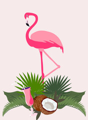 Pink flamingo bird in tropical leaves with coconut and cocktail