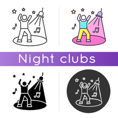 Fototapeta premium Discotheque icon. Linear black and RGB color styles. Night club recreation, active leisure, late night party. Nightclub entertainment. Young clubber on dance floor isolated vector illustrations
