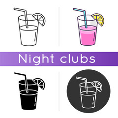 Long drink, cocktail icon. Linear black and RGB color styles. Night club, bar, drinking establishment. Delicious refreshment. Alcohol beverage with straw and lemon slice isolated vector illustrations