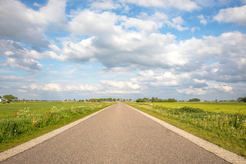 Fototapeta na wymiar Road in countryside, perspective, under cloud sky and green meadows and a faraway straight horizon.