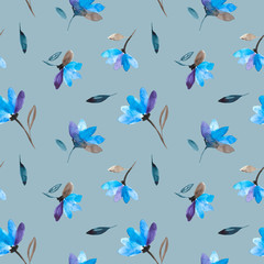 Seamless watercolor raster pattern. Blue flowers on a green background.