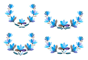 Set of vignettes. Blue flowers on a white background. Watercolor raster image. Hand drawn. Isolate.