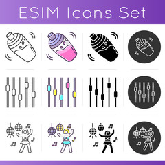 Night club recreation icons set. Linear, black and RGB color styles. Nightclub drinking and dancing. Cocktail shaker, music equalizer and go go dancer isolated vector illustrations