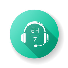 24 7 hour customer support turquoise flat design long shadow glyph icon. Headphone sign for around the clock service. Helpline twenty four seven hours. Silhouette RGB color illustration