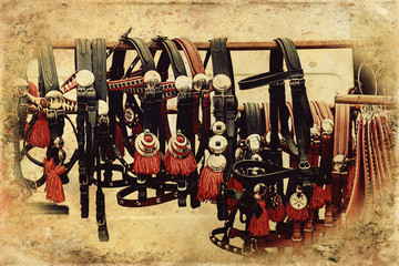 ornate harness in close-up view, old photo effect.