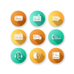 24 7 hour service flat design long shadow glyph icons set. Online 24 hrs customer support. Everyday available delivery. Around the clock open bar and pizzeria. Silhouette RGB color illustration