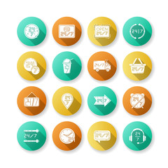 24 7 hour service flat design long shadow glyph icons set. Burger cafe open all day. 24 hrs available delivery. Around the clock helpline. Call center sign. Silhouette RGB color illustration