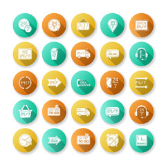 24 7 hour service flat design long shadow glyph icons set. Around the clock working hours of convenience store. 24 hrs open shop. All week available shipping. Silhouette RGB color illustration
