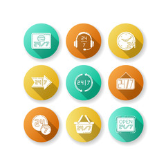 Fototapeta premium 24 7 hour service flat design long shadow glyph icons set. Twenty four seven circle sign. Around the clock working hours of store. Arrow signage with numbers. Silhouette RGB color illustration