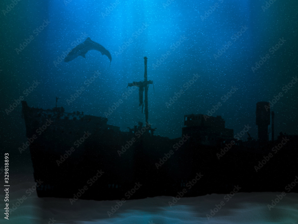 Wall mural ship wreck on sea or ocean bottom. sunk vessel underwater scenery. silhouette of old abandoned shipw