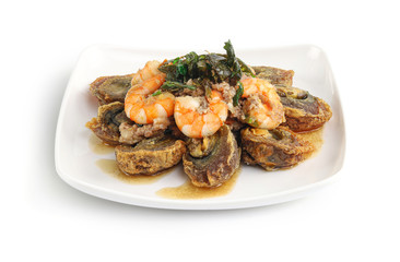 Closeup Stir-fried basil leave with minced pork and fried preserved egg isolated on white background with clipping path, Dishes Thailand, Thai Food.