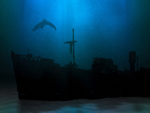 Ship Wreck On Sea Or Ocean Bottom. Sunk Vessel Underwater Scenery. Silhouette Of Old Abandoned Shipwreck And Shark Above It. Mysterious Marine Landscape