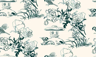 Gordijnen klaproos bloem toro vogel natuur landschap weergave vector schets illustratie japans chinees oosters zeer fijne tekeningen inkt naadloze patroon © CharlieNati