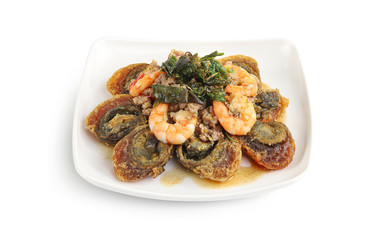 Closeup Stir-fried basil leave with minced pork and fried preserved egg isolated on white background with clipping path, Dishes Thailand, Thai Food.