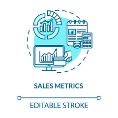 Sales metrics concept icon. Statistical analysis, analytical marketing research. Business profit rates idea thin line illustration. Vector isolated outline RGB color drawing. Editable stroke