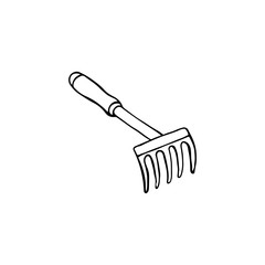 Black and white image of a rake. Vector illustration. Hand-drawn doodle for design, web, icons, children's illustrations.