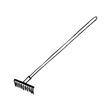 Black and white image of a rake. Vector illustration. Hand-drawn doodle for design, web, icons, children's illustrations.