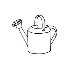 Black and white image of a garden watering can. Vector illustration. Hand-drawn doodle for design, web, icons, children's illustrations.