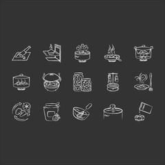 Cooking process chalk white icons set on black background. Different food preparation methods, various culinary techniques. Ingredients and kitchen utensils isolated vector chalkboard illustrations
