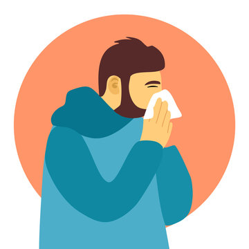 A Man Cover His Sneeze With Handkerchief Vector Illustration On White Background. Sneezing Man In Side View. Sick Man Sneeze In Flat Design. Season Allergy.