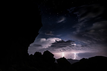 Double lightening strike on a mountain top at night