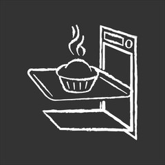 Baking chalk white icon on black background. Delicious pastry cooking, tasty dough products preparation. Homemade bread in oven. Fresh baked pie, muffin cake isolated vector chalkboard illustration