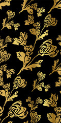 ink flower vector sketch illustration japanese chinese oriental line art seamless pattern golden