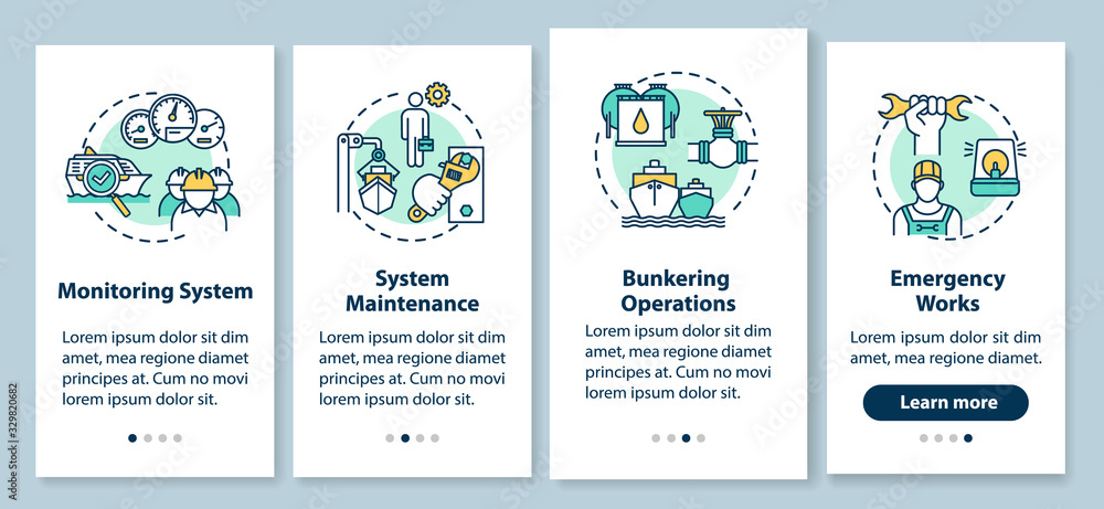 Poster marine engineering onboarding mobile app page screen with concepts. water vessel maintenance walkthr