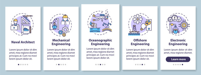 Marine engineering types onboarding mobile app page screen with concepts. Naval architect. Offshore work walkthrough 5 steps graphic instructions. UI vector template with RGB color illustrations