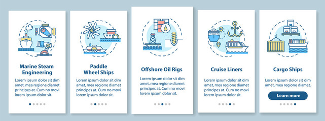 Marine engineering onboarding mobile app page screen with concepts. Offshore oil rig. Water vessel types walkthrough 5 steps graphic instructions. UI vector template with RGB color illustrations