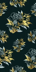 Fotobehang Blauw goud inkt bloem vector schets illustratie japans chinees oosters zeer fijne tekeningen naadloze patroon golden