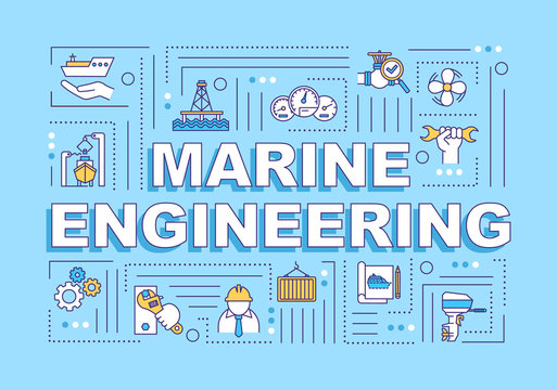 Marine engineering word concepts banner. Nautical industry work. Ship building. Infographics with linear icons on blue background. Isolated typography. Vector outline RGB color illustration