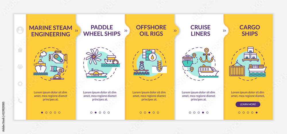 Poster marine engineering onboarding vector template. cruise liners. cargo ships. containers delivery by se
