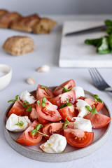 Italian Сaprese salad with sliced tomatoes, mozzarella cheese, basil, olive oil in a plate on grey concrete table. Selective focus