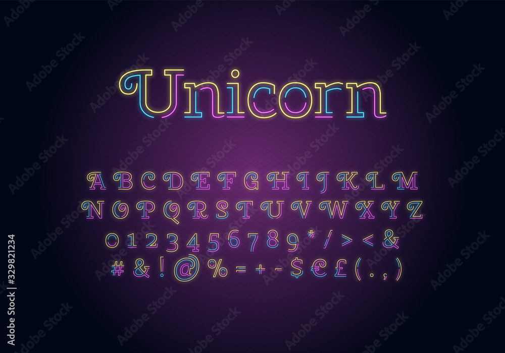 Fototapete unicorn neon light font template. multicolor illuminated vector alphabet set. bright capital letters