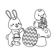 little rabbit and chick with eggs painted in fungus