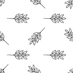 Seamless pattern of elements of leaves and flowers. Hand drawn vector illustration in doodle style. Elements for greeting cards, posters, stickers and seasonal design.