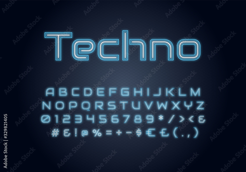 Fototapete techno neon light font template. techno illuminated vector alphabet set. bright capital letters, num